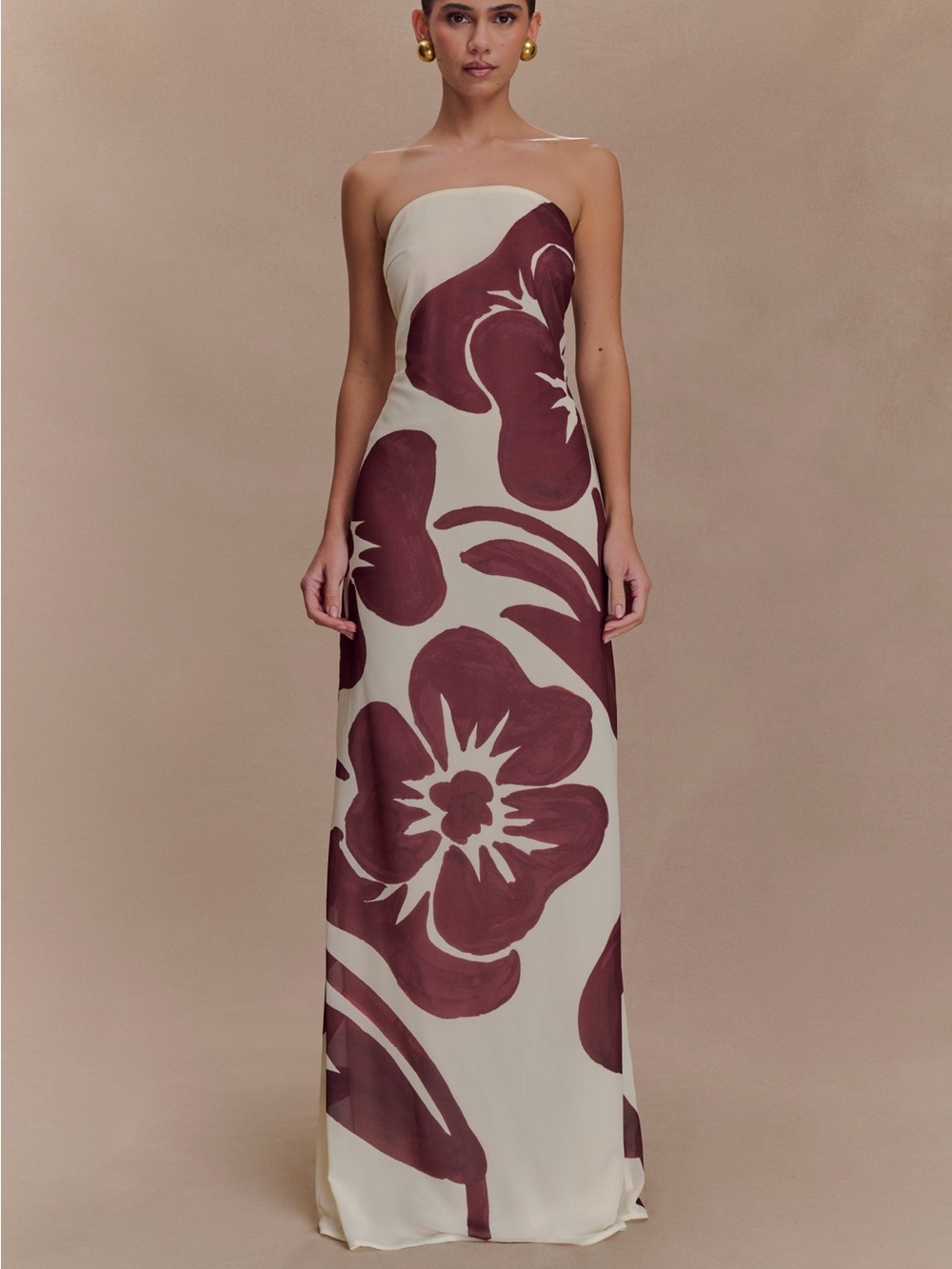 Meshki Amaya Strapless Chiffon Maxi Dress Brown Deco Fleur Print
